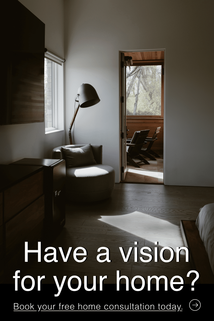 Cozy interior with a modern armchair and a large lamp, leading to an outdoor seating area. The text on the image reads, "Have a vision for your home? Secure your free home consultation today."